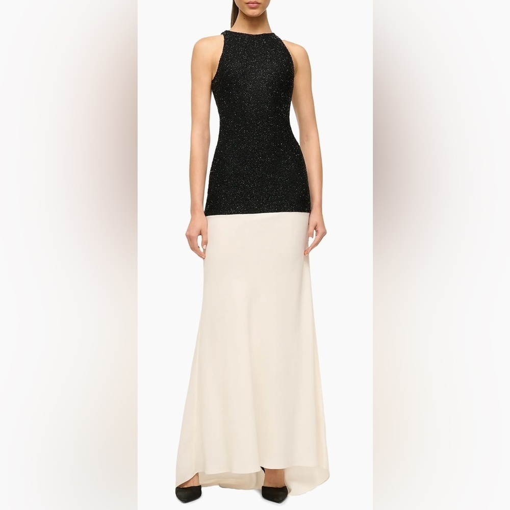 NWOT STAUD Gabrielle Bead-Embellished Colorblocked black Ivory maxi dress sz S
